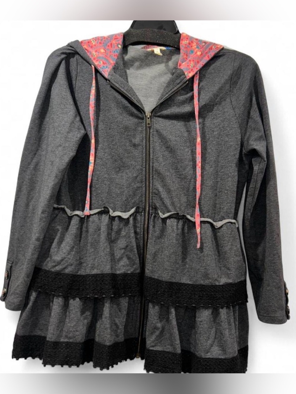 Matilda Jane Charcoal Gray Tiered Zip Hoodie Floral Lined Hood Women’s Large